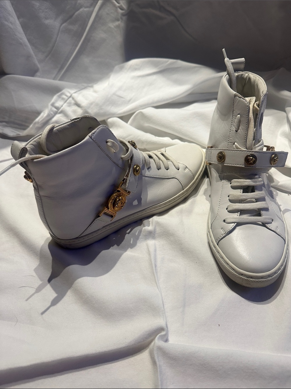 Versace White High-Top Sneakers with Gold Medusa Accents